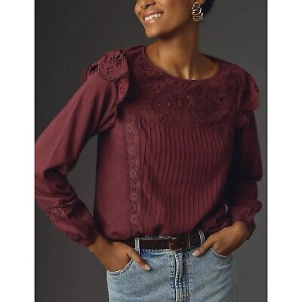 Anthropologie Tiny Top Long-Sleeve Crescent Ruffled Lace Blouse NWT
